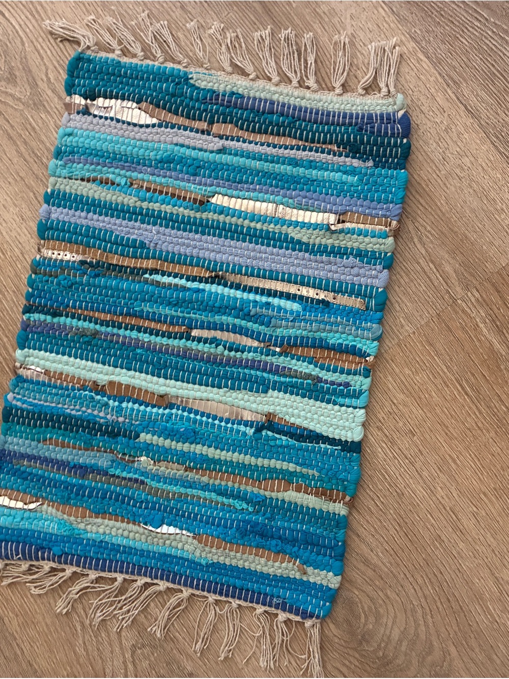 Small Handwoven Blue Stripe Cotton Accent Rug / Mat